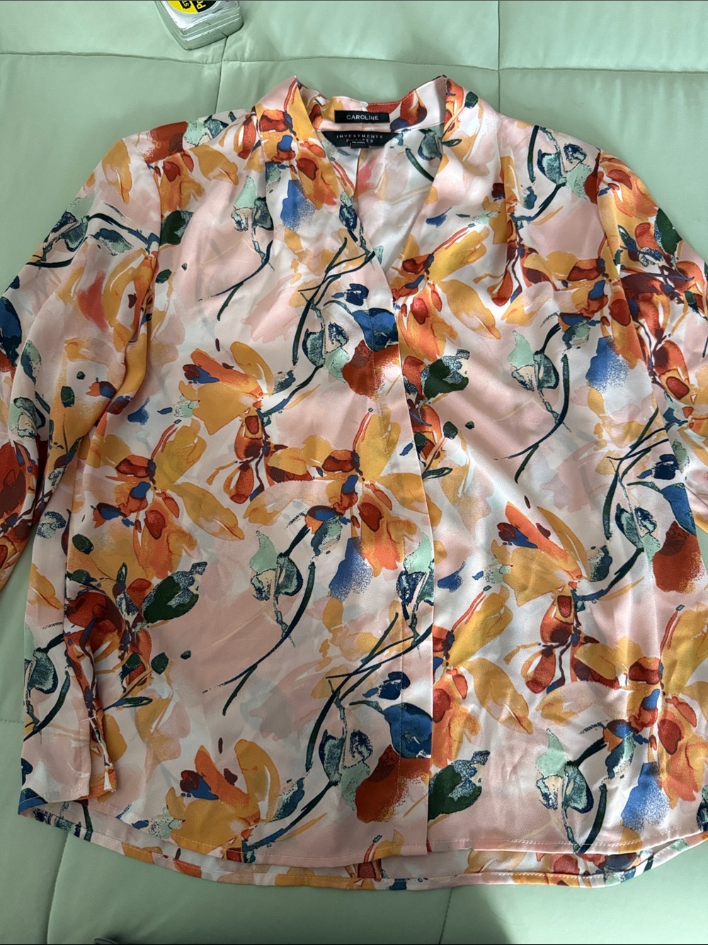 Investments Floral Watercolor Button-Front Blouse in Pink, Yellow, Blue, Green